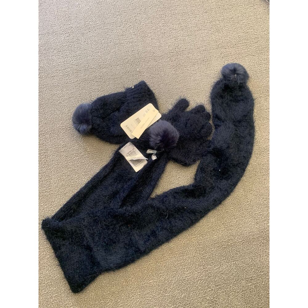 Mayoral Kids‎ 4-6 Blue 3 in 1 Set  Fuzzy Pompom Hat Scarf Mitten New
